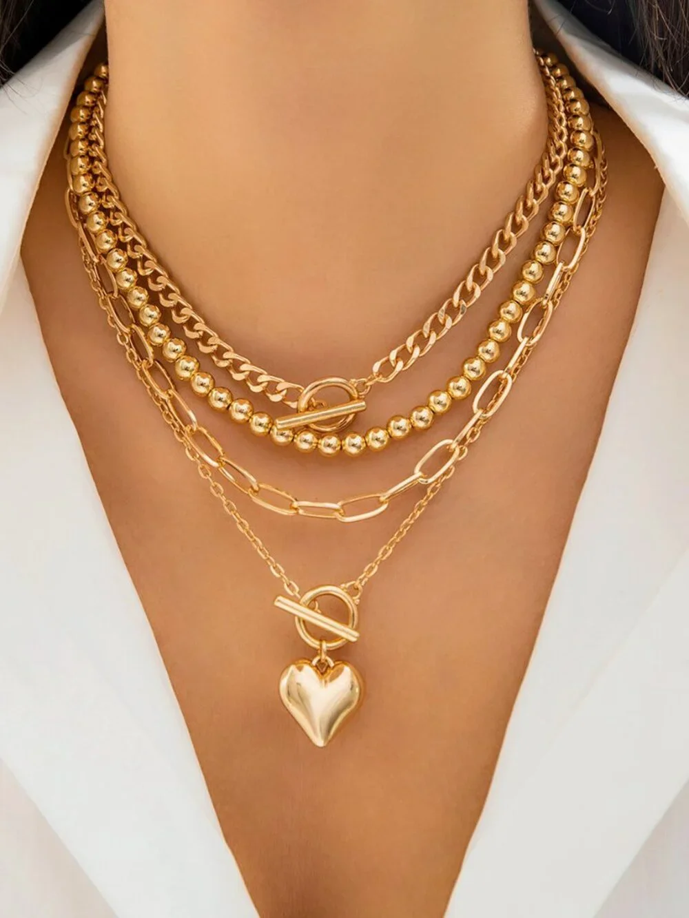 4 Layer Stackable Gold Tone Necklace Round Ball Paperclip Chain Toggle Heart Cha
